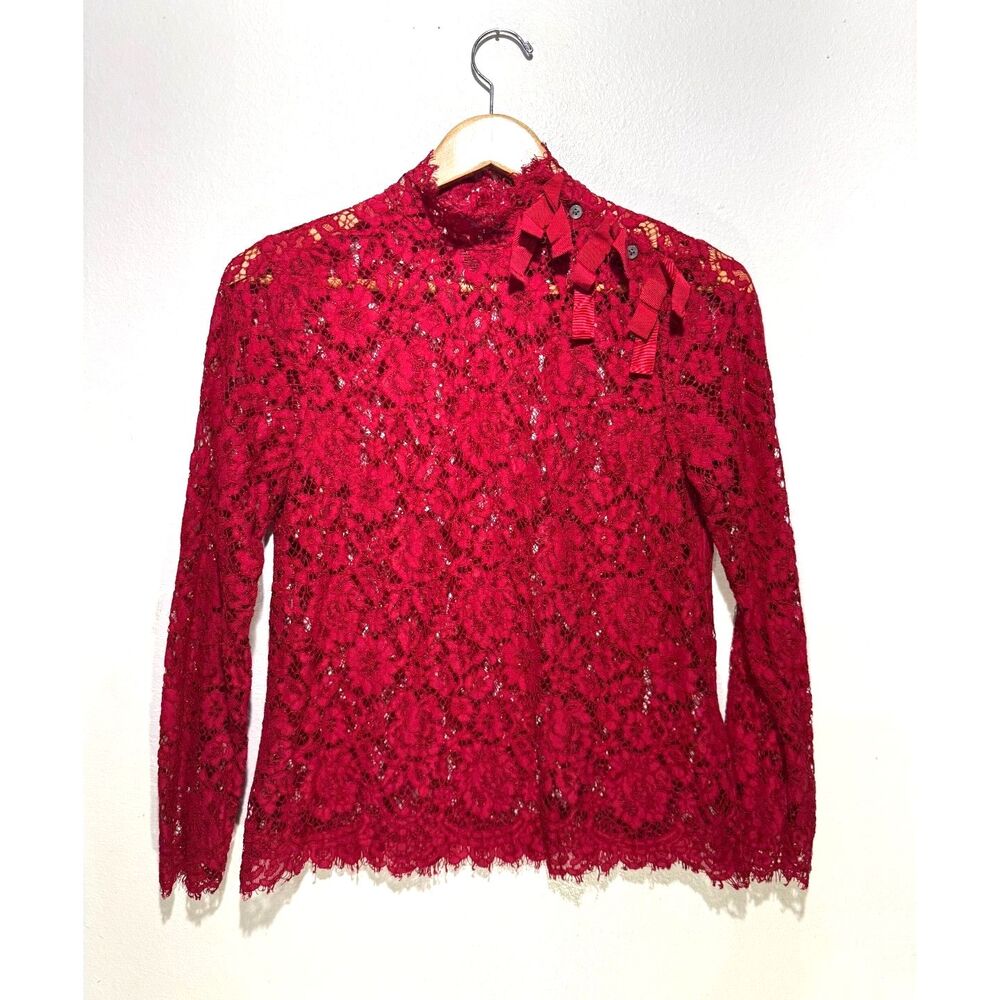 J. Crew lace blouse bows long sleeves festive red romantic valentine women 4